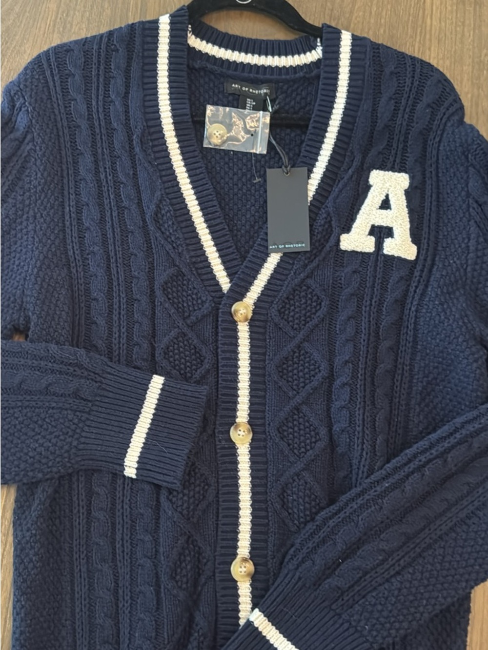Art of Rhetoric Navy Cable Knit Cardigan Sweater with White Trim